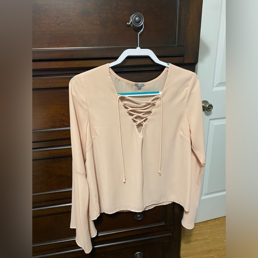 Peachy Cream/Tan Lantern Sleeve Lace Up Top